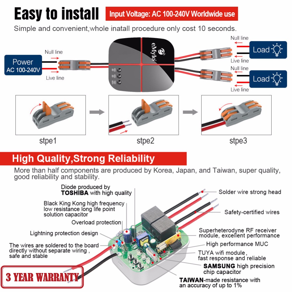 TURTLE DUAL WiFi+RF електрически превключвател с две релета и свързващи клеми, 220V, съвместим с Smart Life, Tuya