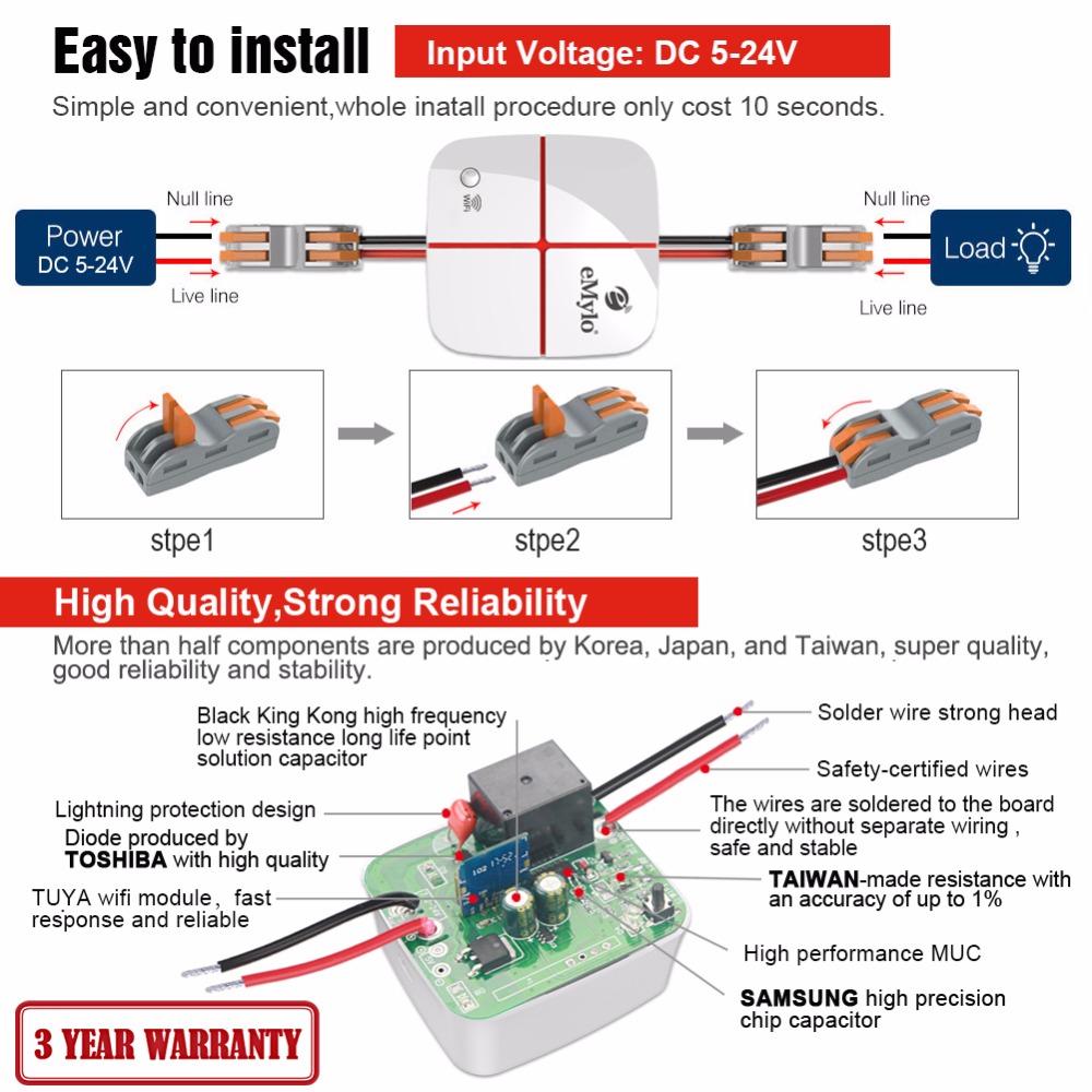 TURTLE_BASIC_LV WiFi електрически превключвател с едно реле и свързващи клеми, 5-24V, съвместим с Smart Life, Tuya