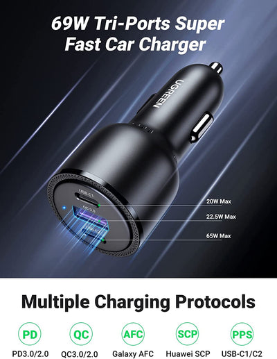 Ugreen зарядно за кола 2x USB Type C / 1x USB 69W 5A, PD, Бързо зареждане