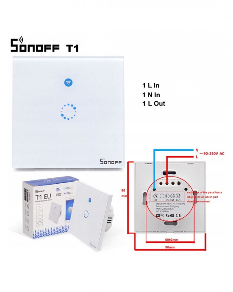 Sonoff T1 WiFi /RF Единичен ключ за осветление евро стандарт
