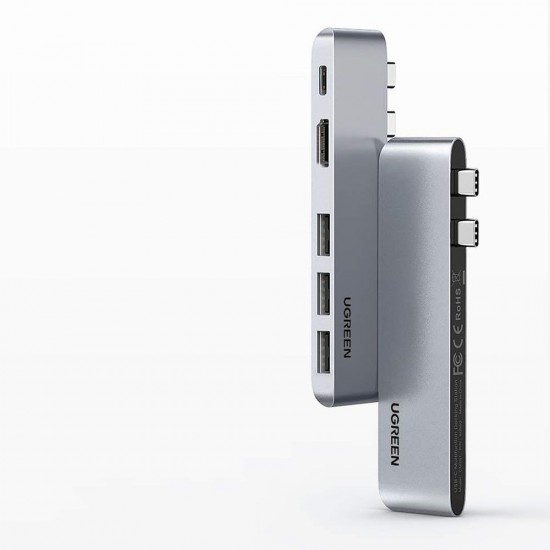 Ugreen многофункционален HUB 2x USB Type C към USB Type C PD (Thunderbolt 3, 100W, 4K @ 60 Hz, 10 Gbps) / HDMI 4K @ 30 Hz / 3x USB 3.0 за MacBook Pro / Air сив