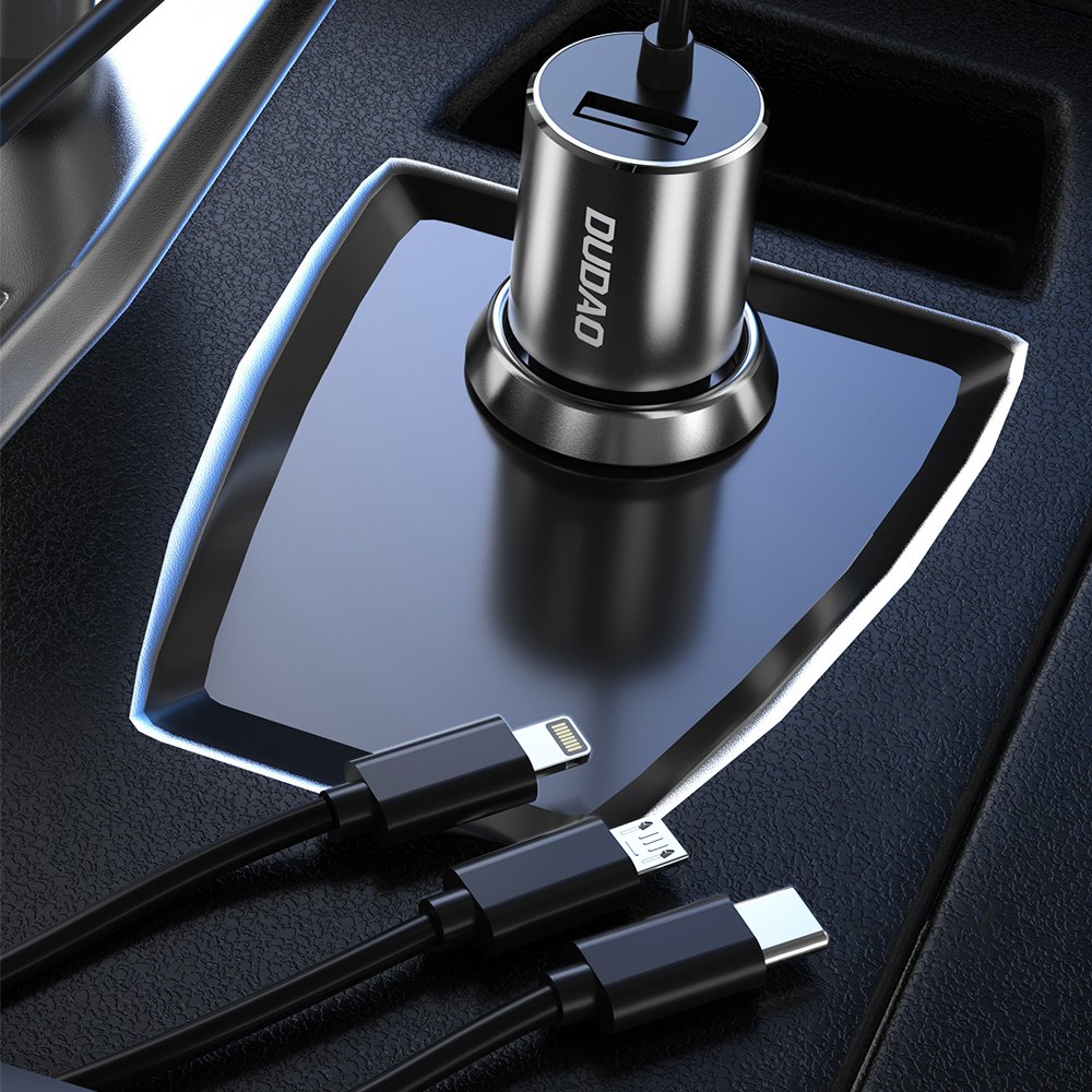 Dudao R5ProN 3в1 USB зарядно за кола 3,4 A с 3 типа кабел-Lightning / USB Type C / micro USB, черен