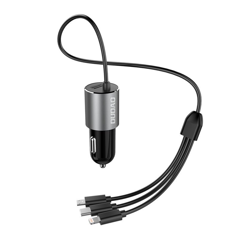 Dudao R5ProN 3в1 USB зарядно за кола 3,4 A с 3 типа кабел-Lightning / USB Type C / micro USB, черен