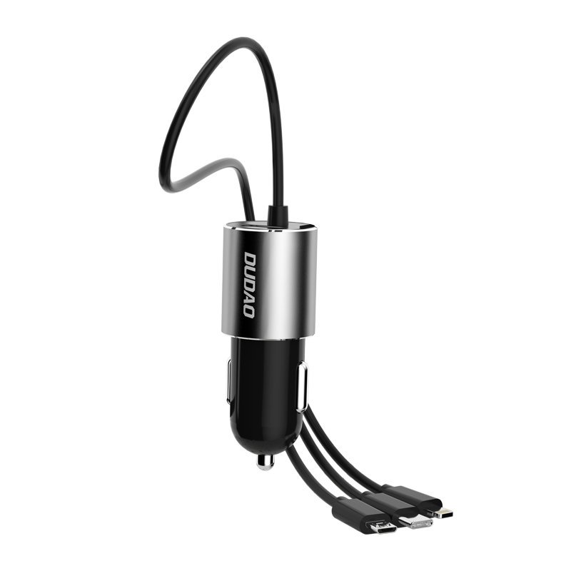 Dudao R5ProN 3в1 USB зарядно за кола 3,4 A с 3 типа кабел-Lightning / USB Type C / micro USB, черен